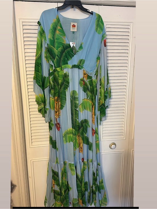 FARM Rio Dresses & Skirts - FARM Rio Light Blue Maxi Dress with Green Tropical Leaf Print